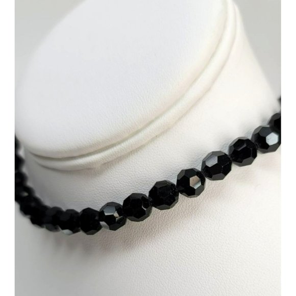 Black Glass Round Faceted Beaded Necklace and Bracelet Set Vintage Glam LI320 - Picture 7 of 9